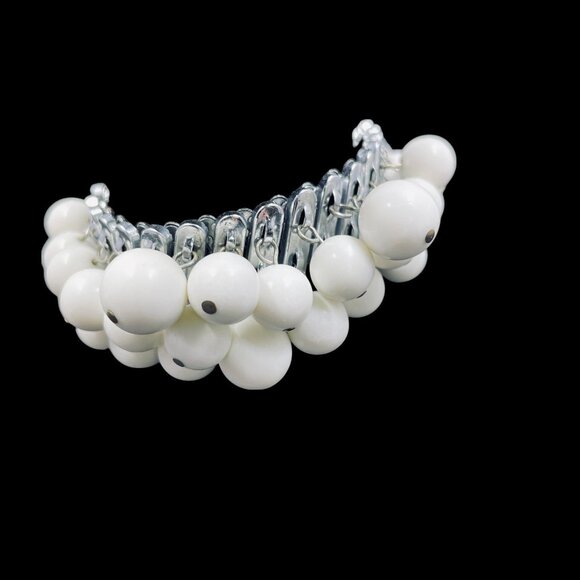 Chunky Silver Chain Bracelet White Beaded Stretch Statement Bold Modern Chic - Picture 3 of 9